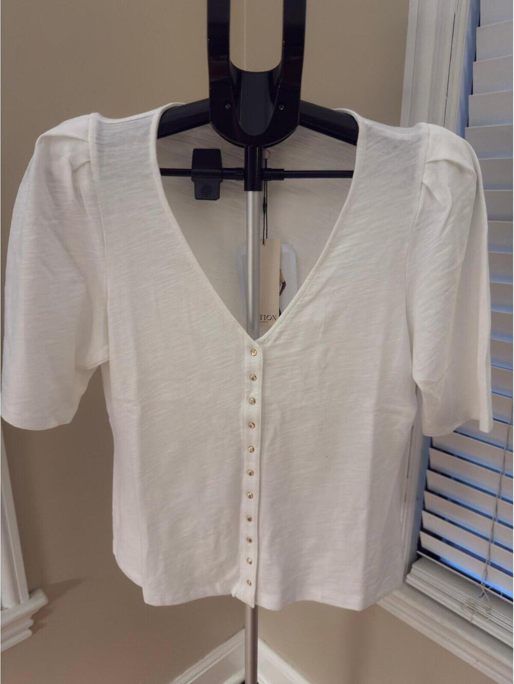 Nation Los Angeles Puff Sleeve Snap Front Top White Large NWT Anthropologie